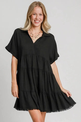 Umgee Full Size Raw Hem Folded Sleeve Tiered Dress Plus Size - Just Believe Boutique