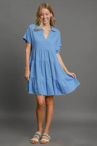 Umgee Full Size Raw Hem Folded Sleeve Tiered Dress Plus Size - Just Believe Boutique