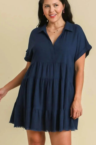 Umgee Full Size Raw Hem Folded Sleeve Tiered Dress Plus Size - Just Believe Boutique