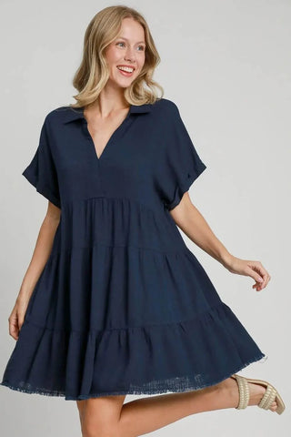 Umgee Full Size Raw Hem Folded Sleeve Tiered Dress Plus Size - Just Believe Boutique