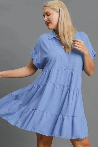 Umgee Full Size Raw Hem Folded Sleeve Tiered Dress Plus Size - Just Believe Boutique