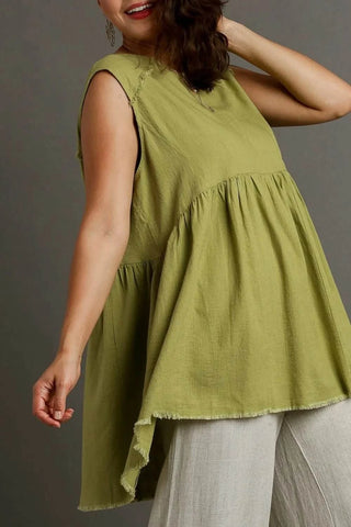 Umgee Full Size Raw Hem Linen Round Neck Sleeveless Top Plus Size - Just Believe Boutique
