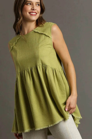 Umgee Full Size Raw Hem Linen Round Neck Sleeveless Top Plus Size - Just Believe Boutique