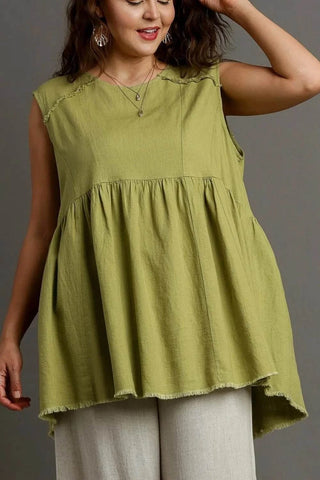 Umgee Full Size Raw Hem Linen Round Neck Sleeveless Top Plus Size - Just Believe Boutique