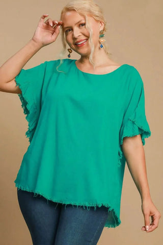 Umgee Full Size Raw Hem Ruffle Short Sleeve Blouse Plus Size - Just Believe Boutique