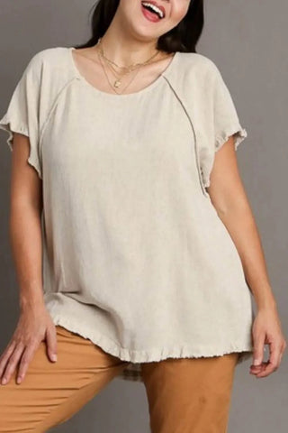 Umgee Full Size Seam Detail Linen Ruffle Fringe Edge Top Plus Size - Just Believe Boutique
