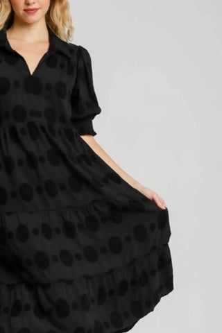 Umgee Full Size Swiss Dot Jacquard Tiered Midi Dress Plus Size - Just Believe Boutique