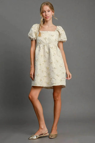 Umgee Heart Jacquard Square Neck Puff Sleeve Mini Dress - Just Believe Boutique
