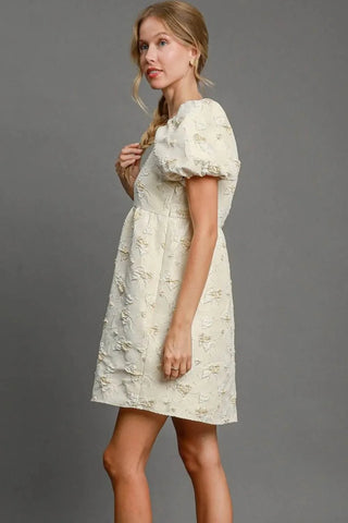Umgee Heart Jacquard Square Neck Puff Sleeve Mini Dress - Just Believe Boutique