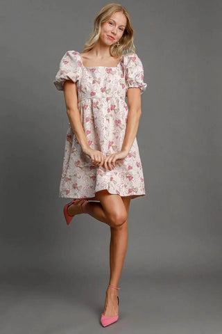 Umgee Heart Jacquard Square Neck Puff Sleeve Mini Dress - Just Believe Boutique