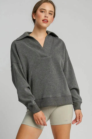 Umgee Johnny Collar Dropped Shoulder Sweatshirt - Just Believe Boutique