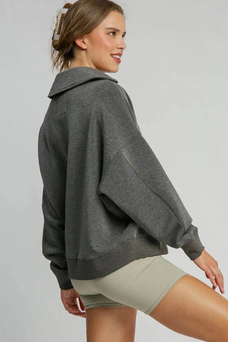 Umgee Johnny Collar Dropped Shoulder Sweatshirt - Just Believe Boutique
