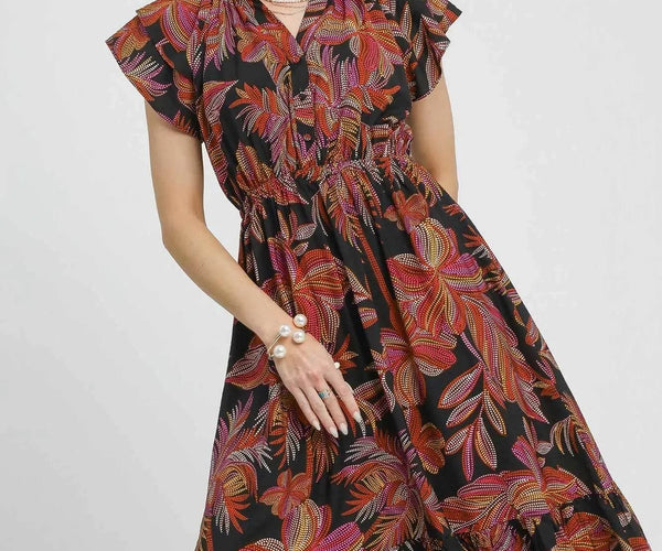 Umgee Mix Ruffle Sleeve Tropical Midi Dress
