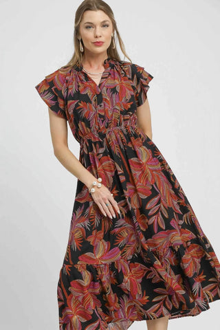 Umgee Mix Ruffle Sleeve Tropical Midi Dress - Just Believe Boutique