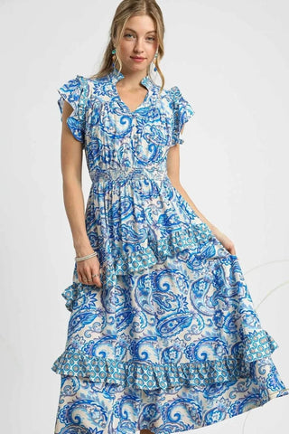 Umgee Paisley Print Ruffle Sleeve Midi Dress - Just Believe Boutique