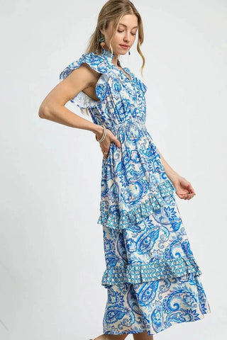 Umgee Paisley Print Ruffle Sleeve Midi Dress - Just Believe Boutique