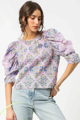 Umgee Printed Lace Puff Sleeve Blouse - Just Believe Boutique