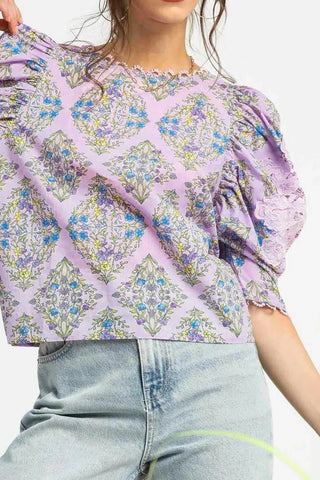 Umgee Printed Lace Puff Sleeve Blouse - Just Believe Boutique