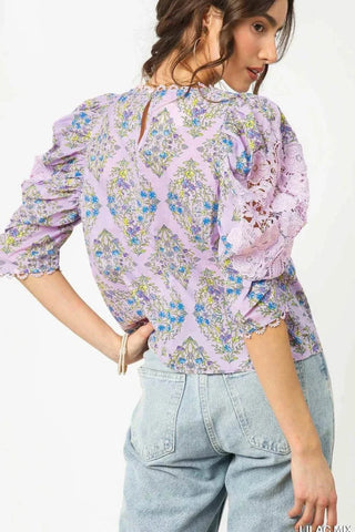 Umgee Printed Lace Puff Sleeve Blouse - Just Believe Boutique