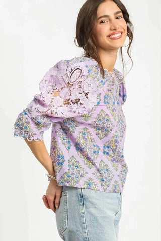 Umgee Printed Lace Puff Sleeve Blouse - Just Believe Boutique