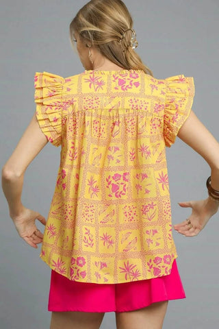 Umgee Printed Ruffle Cap Sleeve Blouse - Just Believe Boutique
