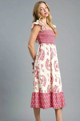 Umgee Printed Smocked Midi Dress with Ruffle Details - Just Believe Boutique