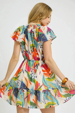 Umgee Printed Tie Neck Ruffled Hem Dress - Just Believe Boutique
