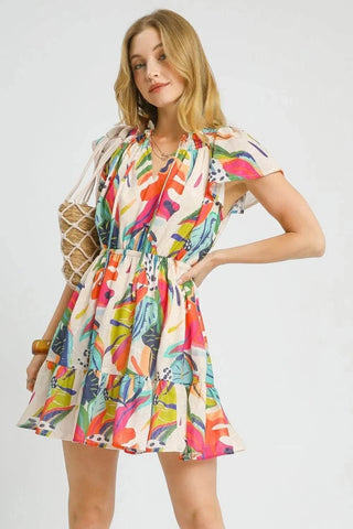 Umgee Printed Tie Neck Ruffled Hem Dress - Just Believe Boutique