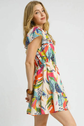 Umgee Printed Tie Neck Ruffled Hem Dress - Just Believe Boutique