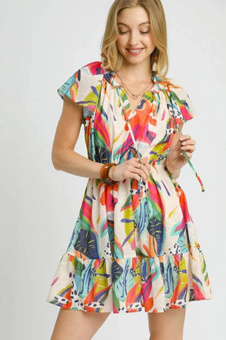 Umgee Printed Tie Neck Ruffled Hem Dress - Just Believe Boutique