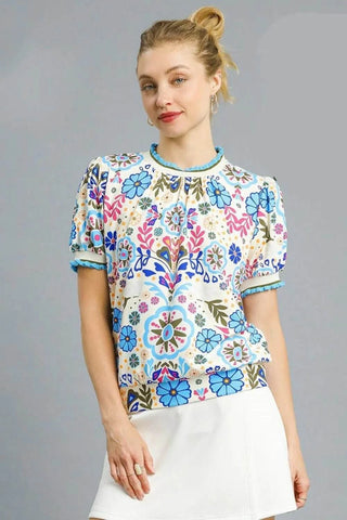 Umgee Retro Floral Puff Sleeve Top - Just Believe Boutique