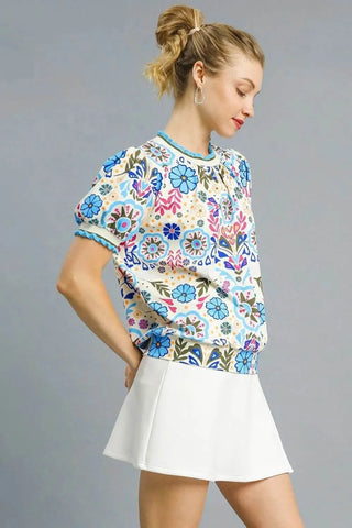 Umgee Retro Floral Puff Sleeve Top - Just Believe Boutique