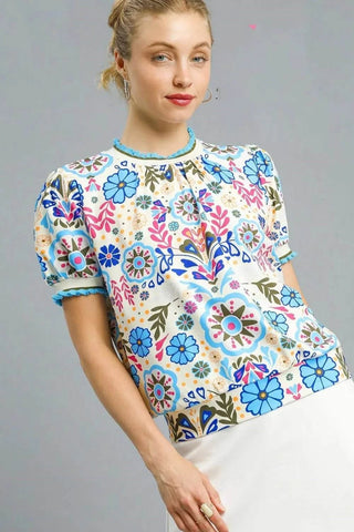 Umgee Retro Floral Puff Sleeve Top - Just Believe Boutique