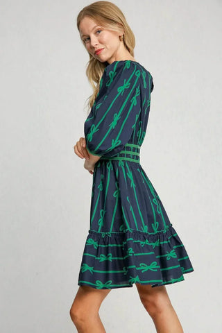 Umgee Ribbon Print Frill Contrast Velvet Trim Half Sleeve Dress - Just Believe Boutique