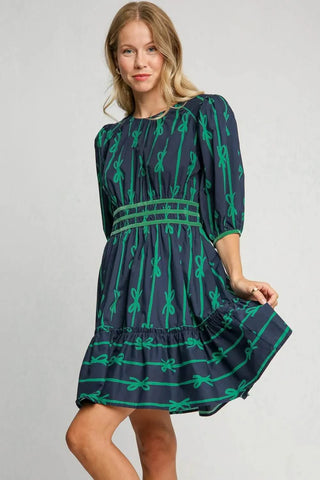 Umgee Ribbon Print Frill Contrast Velvet Trim Half Sleeve Dress - Just Believe Boutique