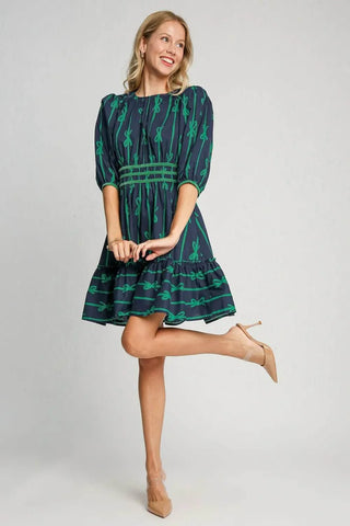Umgee Ribbon Print Frill Contrast Velvet Trim Half Sleeve Dress - Just Believe Boutique