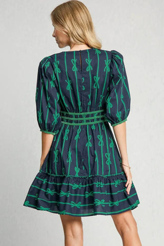 Umgee Ribbon Print Frill Contrast Velvet Trim Half Sleeve Dress - Just Believe Boutique