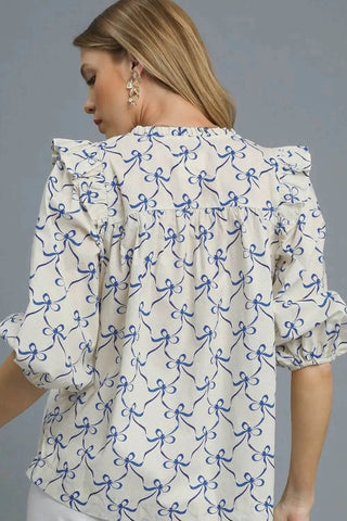 Umgee Ruffled Bow Print Notched Blouse - Just Believe Boutique