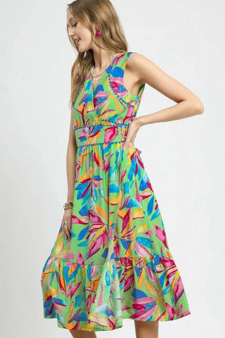Umgee Ruffled Hem Printed Sleeveless Midi Dress - Just Believe Boutique