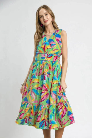 Umgee Ruffled Hem Printed Sleeveless Midi Dress - Just Believe Boutique