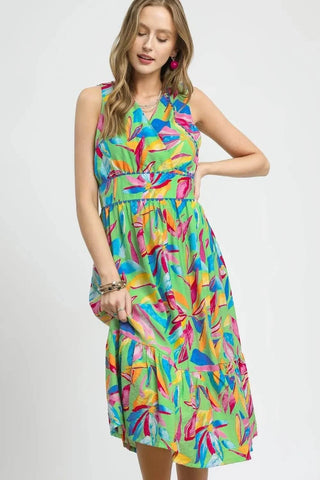 Umgee Ruffled Hem Printed Sleeveless Midi Dress - Just Believe Boutique