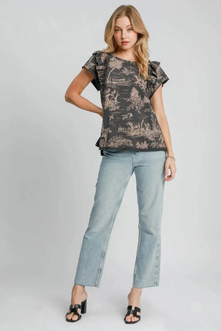 Umgee Ruffled Landscape Print Short Sleeve French Terry Top - Just Believe Boutique