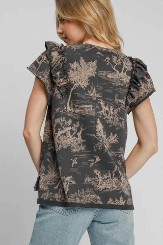 Umgee Ruffled Landscape Print Short Sleeve French Terry Top - Just Believe Boutique