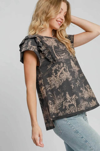 Umgee Ruffled Landscape Print Short Sleeve French Terry Top - Just Believe Boutique