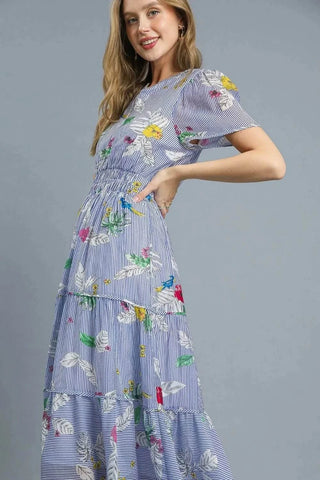 Umgee Smocked Waist Floral Short Sleeve Midi Dress - Just Believe Boutique