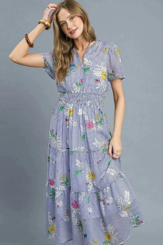 Umgee Smocked Waist Floral Short Sleeve Midi Dress - Just Believe Boutique