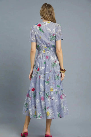 Umgee Smocked Waist Floral Short Sleeve Midi Dress - Just Believe Boutique