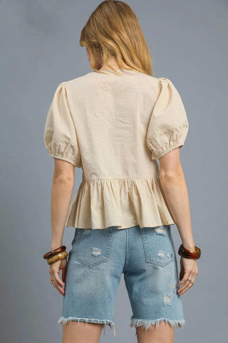 Umgee Tie Front Puff Sleeve Blouse - Just Believe Boutique