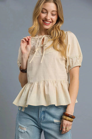 Umgee Tie Front Puff Sleeve Blouse - Just Believe Boutique