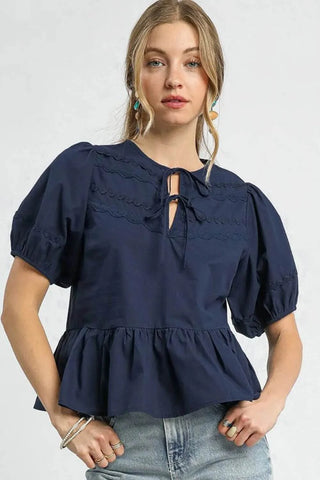 Umgee Tie Front Puff Sleeve Blouse - Just Believe Boutique